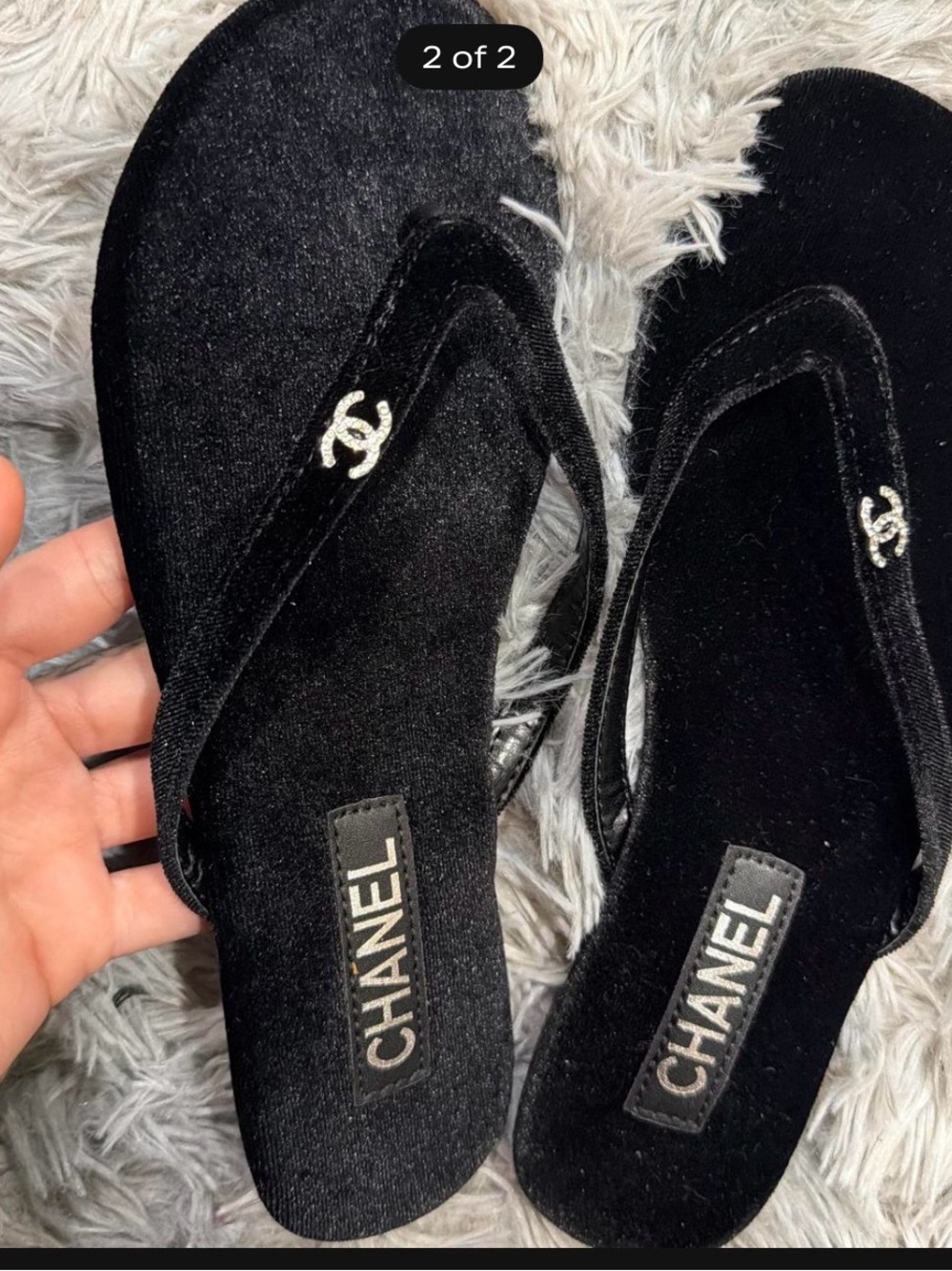 Black suede CC flip flops